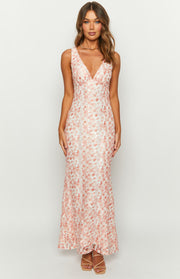 Peach floral lace maxi dress with a deep V-neckline and sleeveless design