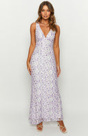 Beginning Boutique Farida Purple Lace Maxi Dress purple floral lace deep V-neck sleeveless bodycon maxi dress