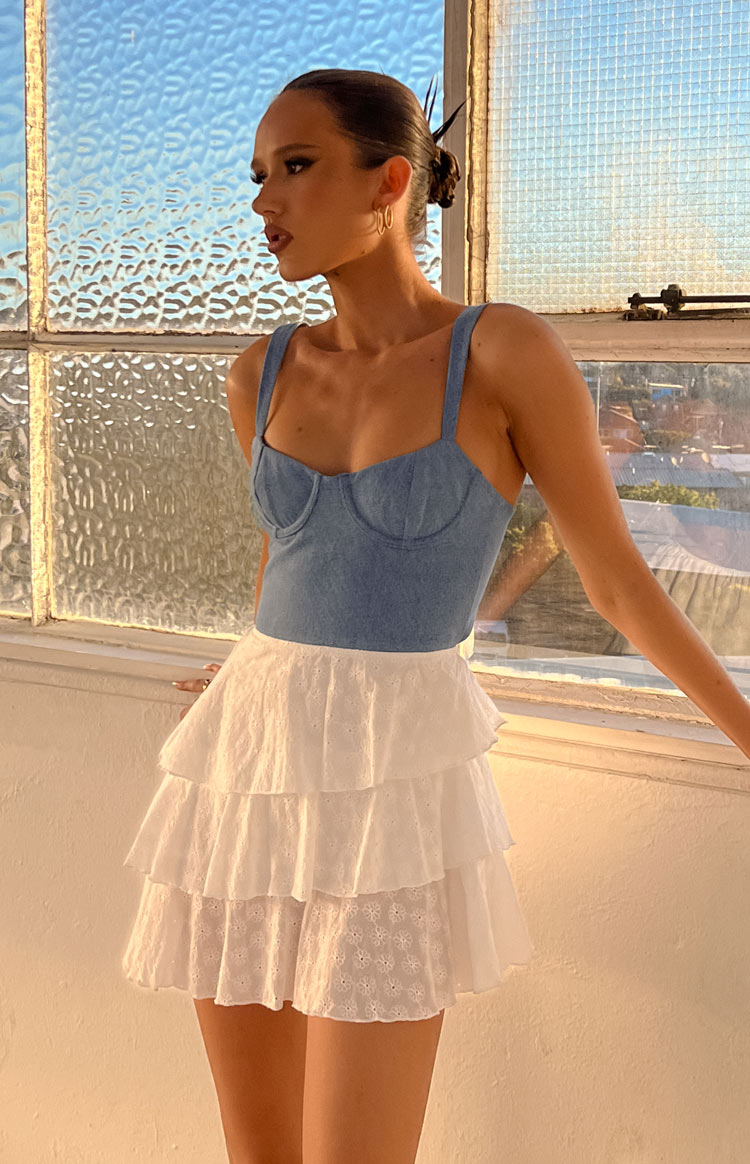 Fashion Flare Light Wash Denim Corset Mini Dress – Beginning Boutique US