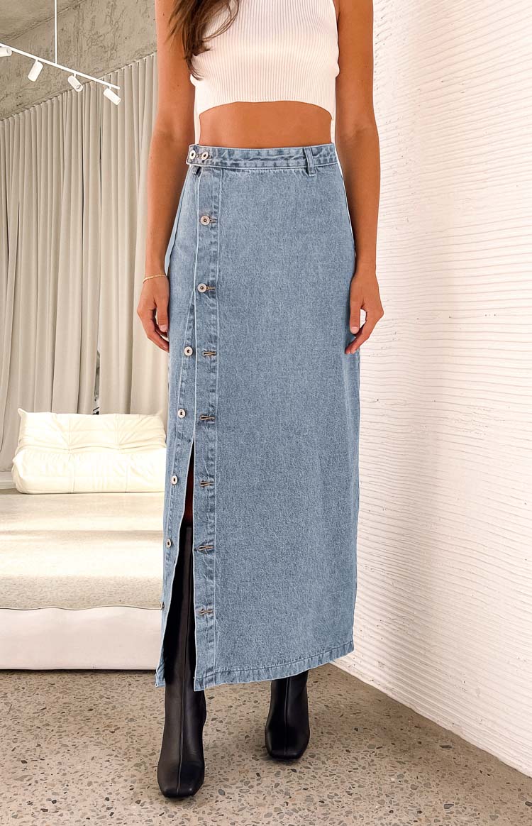 Slit Skirt Button Side Skirt Fazio Button Side Denim Maxi Skirt