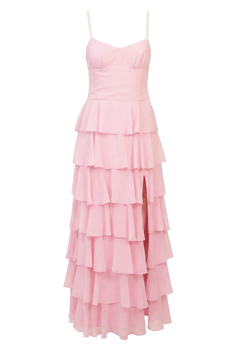 felicia ruffle maxi dress Felicity Pink Pearl Strap Ruffle Maxi Dress - PRE ORDER - US 12