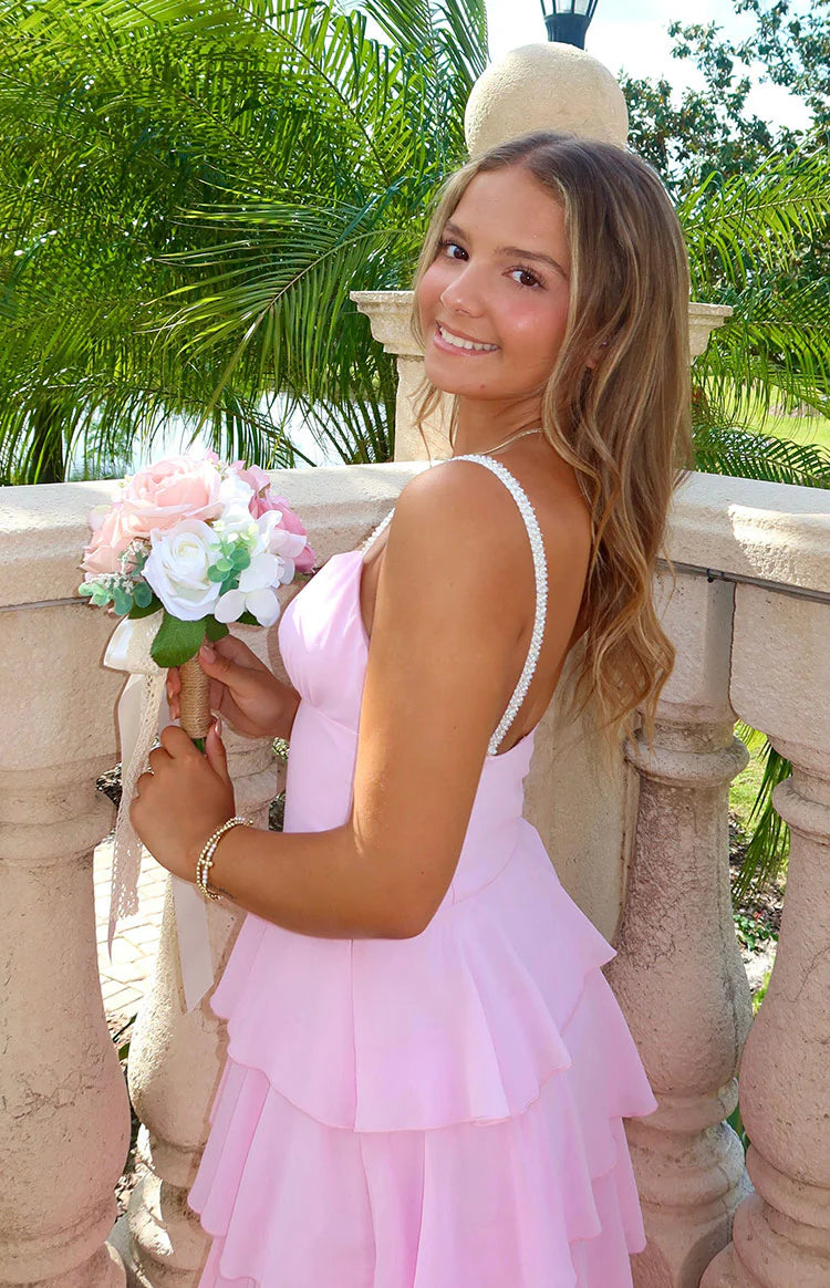 faux pearl strap maxi dress Felicity Pink Pearl Strap Ruffle Maxi Dress - PRE ORDER - US 12
