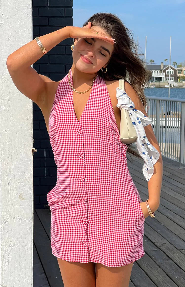Felix Red Gingham Halter Mini Dress - US 4