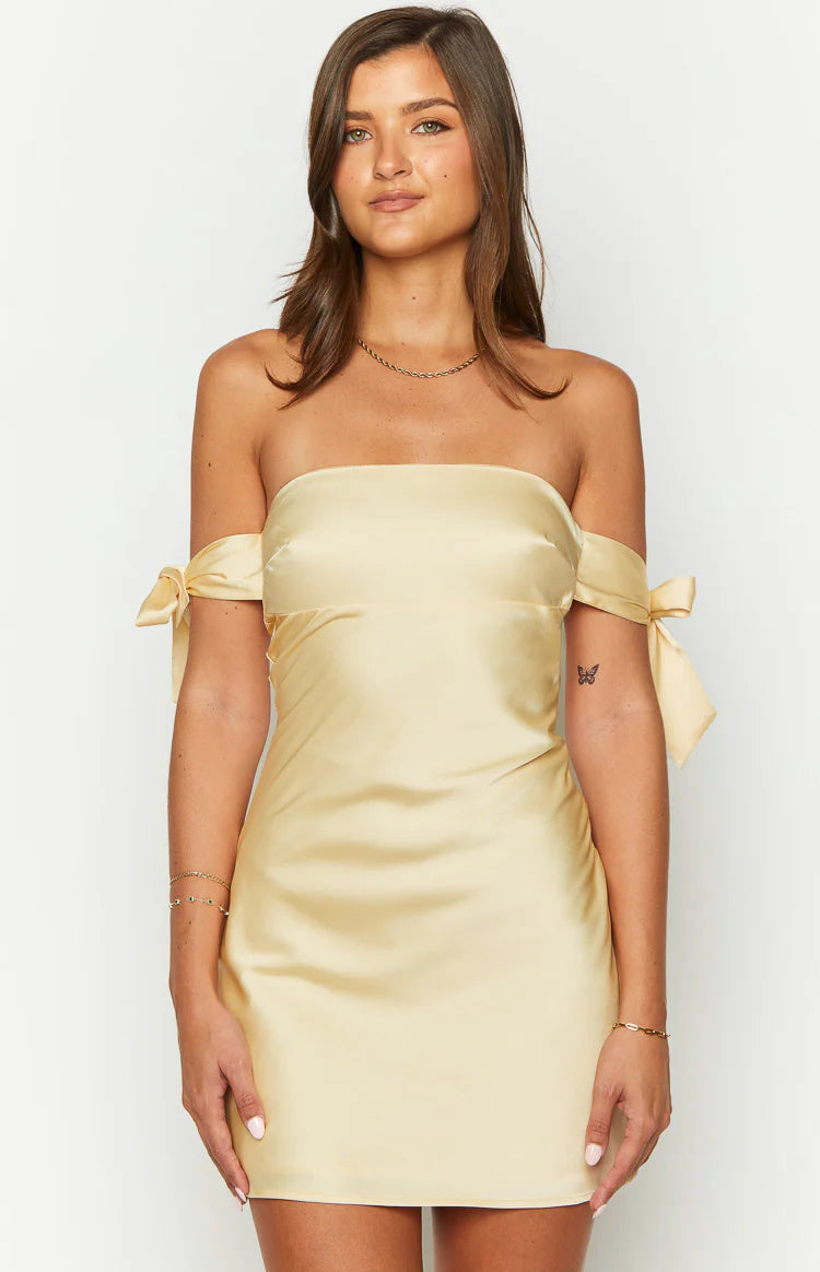 Fleur Yellow Satin Bow Off Shoulder Mini Dress - US 10 | Beginning Boutique Exclusive Fleur Yellow Satin Bow Off Shoulder Mini Dress - US 10 | Beginning Boutique Exclusive