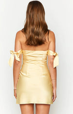 Fleur Yellow Satin Bow Off Shoulder Mini Dress