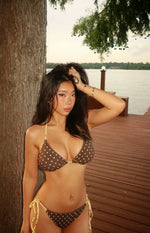 Brown polka dot triangle bikini top with halter neck and back ties