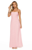 Beginning Boutique Flossie Pink Maxi Sleeveless Dress pink square neck ruched maxi dress with spaghetti straps and tie-side waist