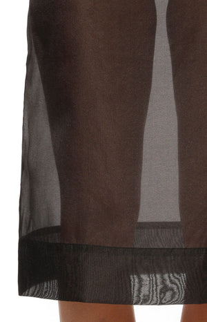 Front view of a black see through midi skirt with a slip lining perfect for a night out