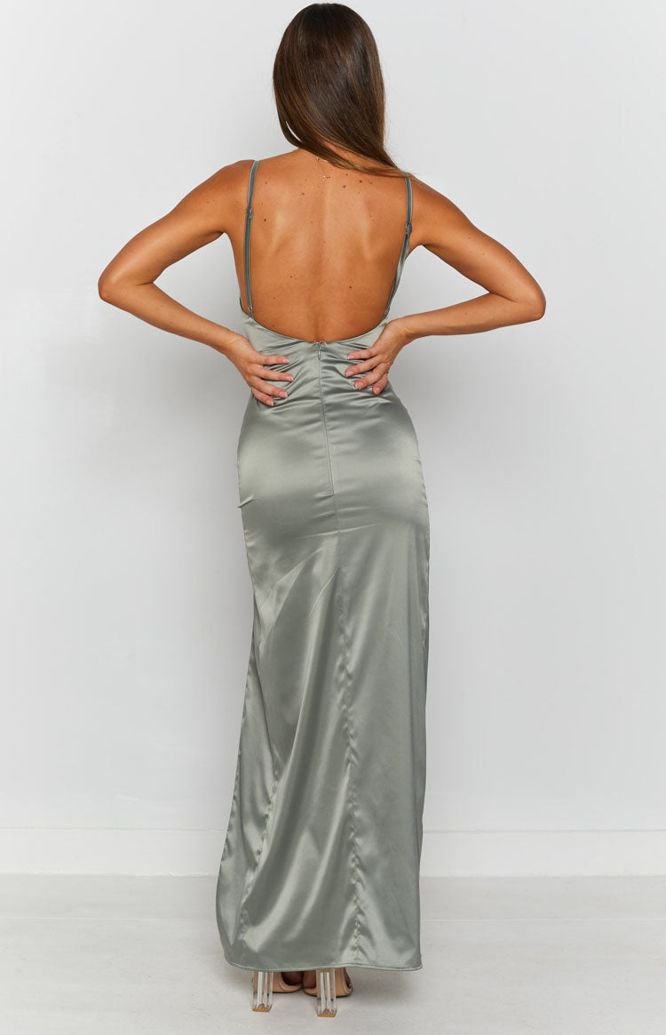 Khaki satin formal dress with a sweetheart neckline, thin straps, ruched side, and high split