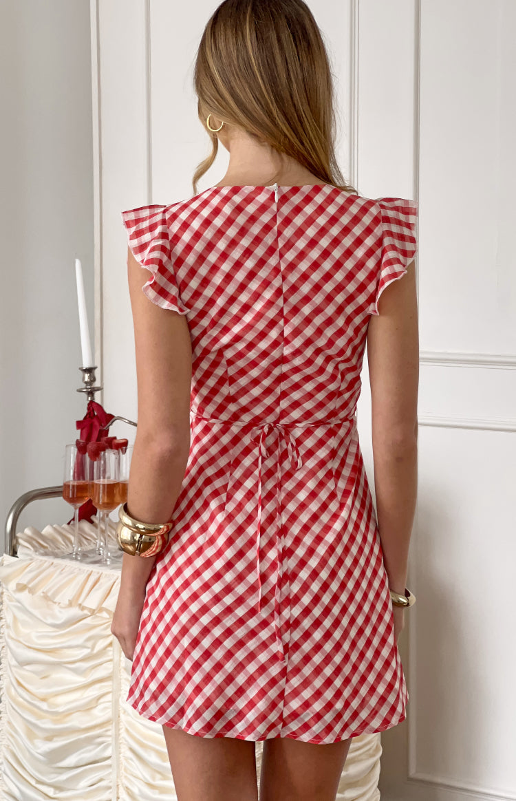 Rear view of a red and white gingham mini dress with a back zipper, tie-back waist, and flutter sleeves
