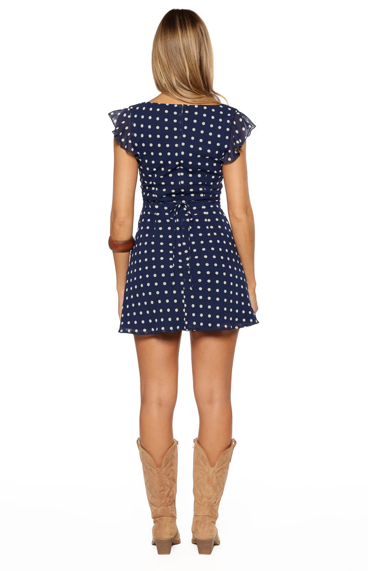 navy blue dress with white polka dots Chara Mini | | Womens Size medium measures 26.25 from adjustable straps to hem The Robison Puff Sleeve Maxi