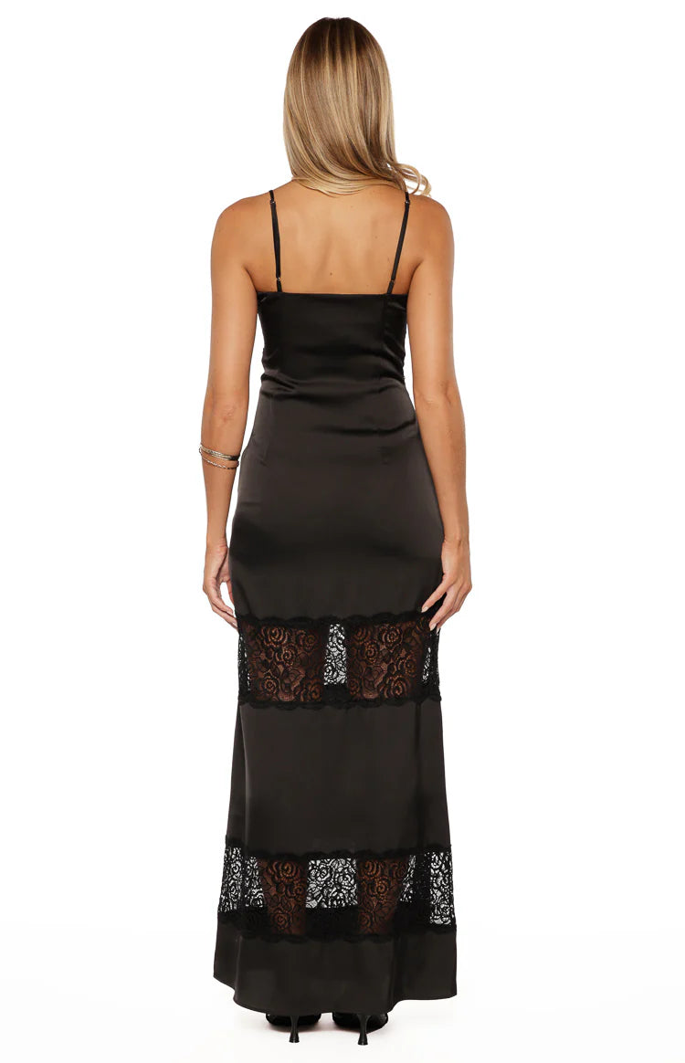 Freyja Black Lace Insert Satin Maxi Dress - US 14 | Beginning Boutique Exclusive Freyja Black Lace Insert Satin Maxi Dress - US 14 | Beginning Boutique Exclusive