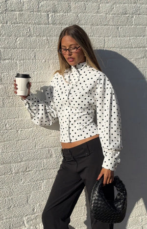 Beginning Boutique Front Page White Polka Dot Jacket white polka dot high neck cropped jacket with puff sleeves