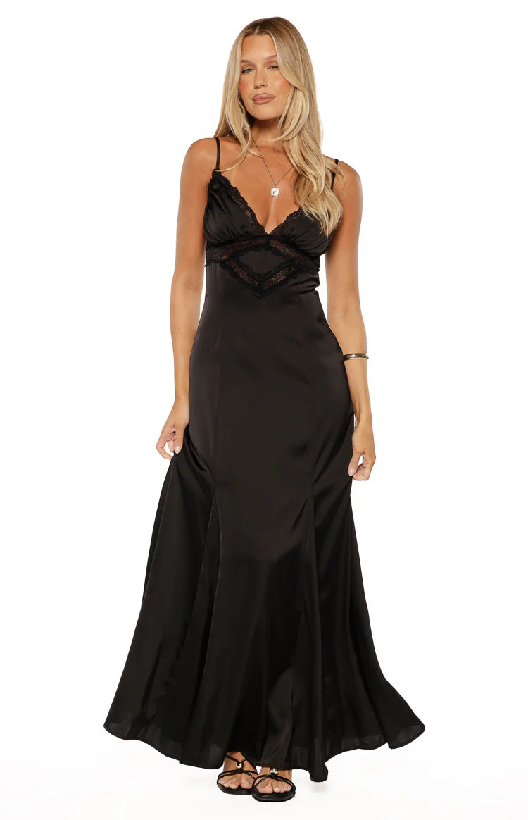 Gabby Black Satin Lace Maxi Dress - US 14