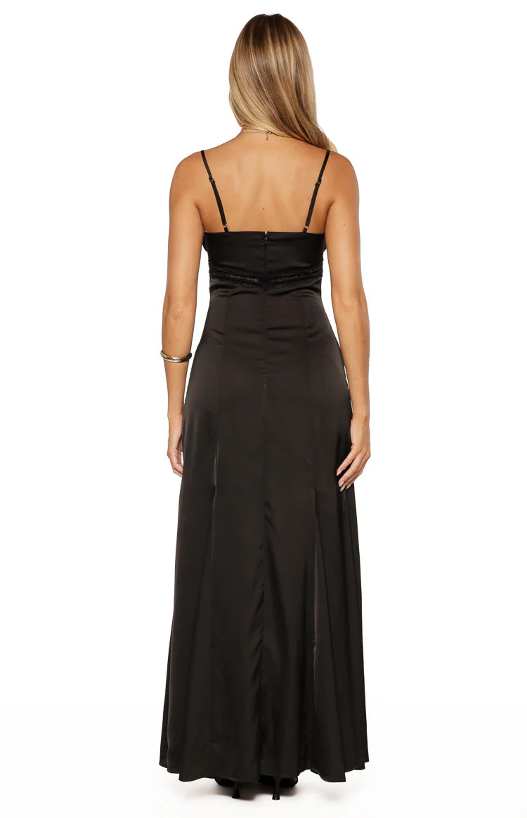 Gabby Black Satin Lace Maxi Dress - US 14