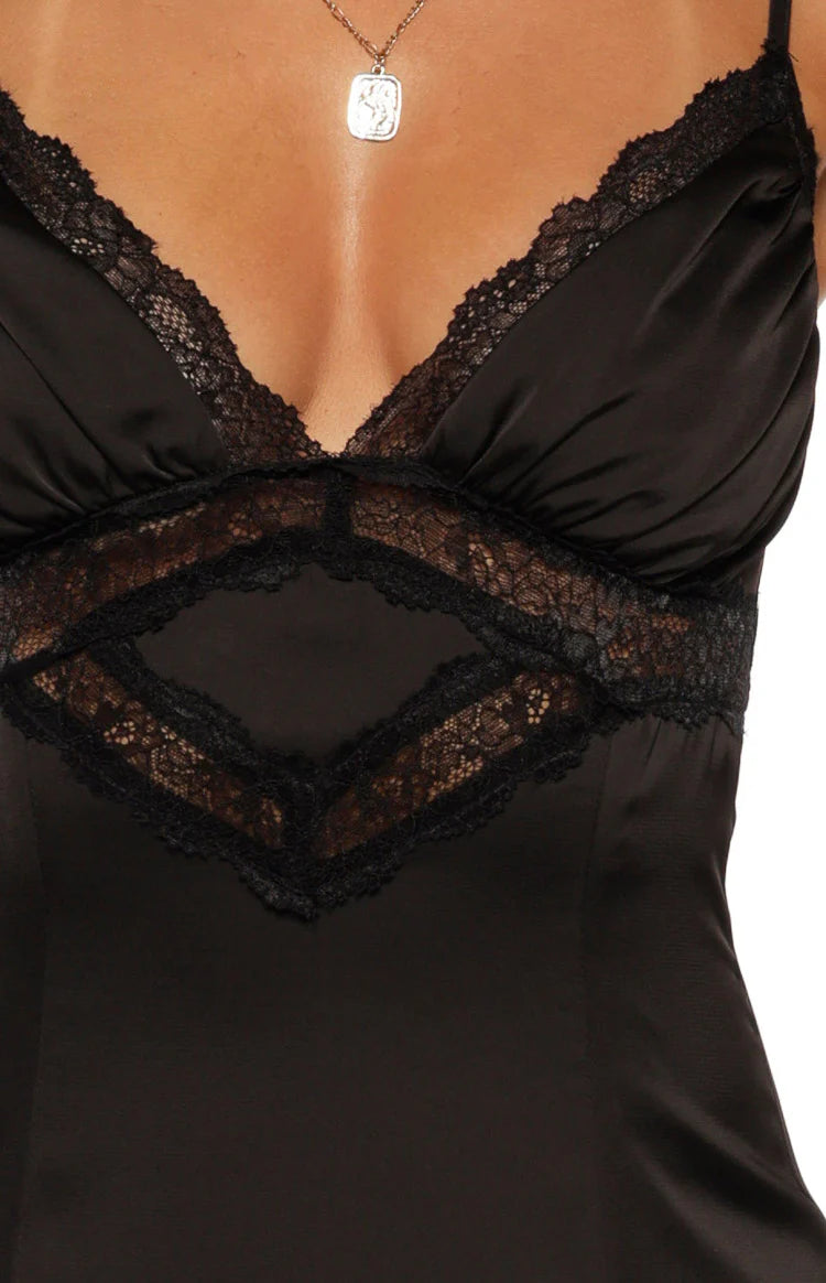 Gabby Black Satin Lace Maxi Dress - US 14