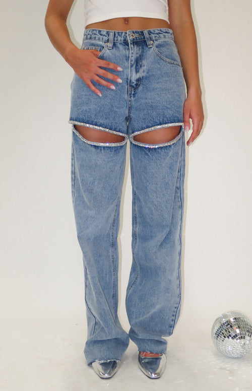 Gem Diamante Trim Wide Leg Denim Jeans | Beginning Boutique US