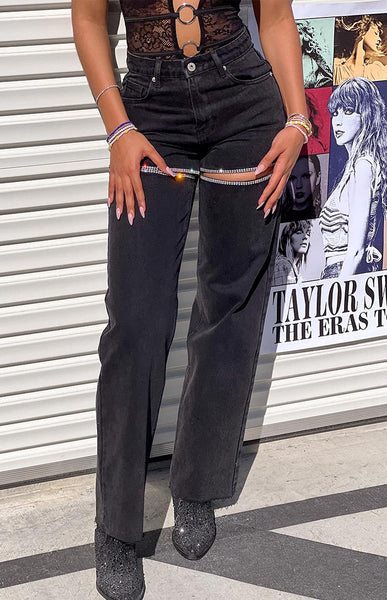épline rhinestone jeans black エピヌ デニム Gem Diamante Trim Wide Leg Black Denim Jeans | Beginning Boutique US