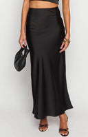 Beginning Boutique Genevieve Black Maxi Skirt black satin maxi skirt with a high side slit