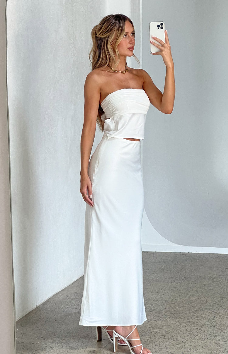 Genevieve White Satin Maxi Skirt – Beginning Boutique US