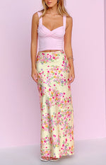 Beginning Boutique Genevieve Yellow Bloom Maxi Skirt yellow floral satin maxi skirt with pink orange and purple flowers