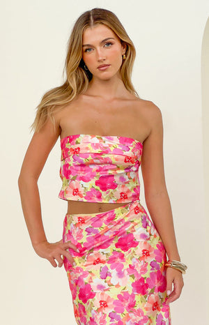 Beginning Boutique Genevieve Yellow Floral Pop Print Top yellow pink green floral print strapless cropped top