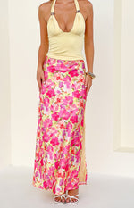 Beginning Boutique Genevieve Yellow Floral Pop Print Maxi Skirt yellow base with pink and orange floral print relaxed fit maxi skirt