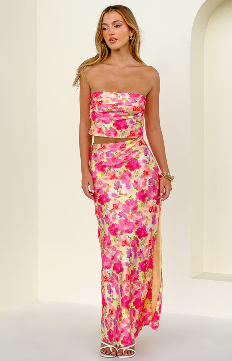 Yellow floral pop print maxi skirt with a high side split and a column silhouette