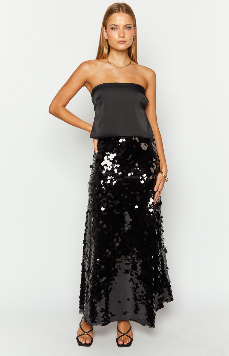 Front view of a black sequin maxi skirt with an A-line silhouette and full sequin coverage