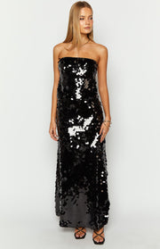 Black sequin maxi skirt with a straight, floor-length silhouette and all-over round sequins