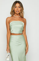 Beginning Boutique Genevieve Sage Top sage green strapless crop top with pleated bust detail