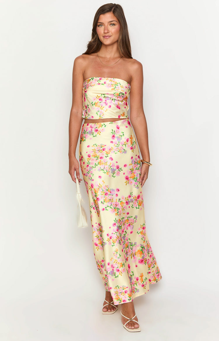 Front view of the yellow floral strapless bandeau top, showing its cropped fit
