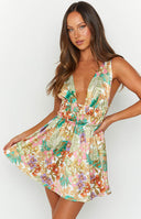 Beginning Boutique Genovia Tropical Mini Dress white tropical floral print deep V-neck mini dress with shirred waist
