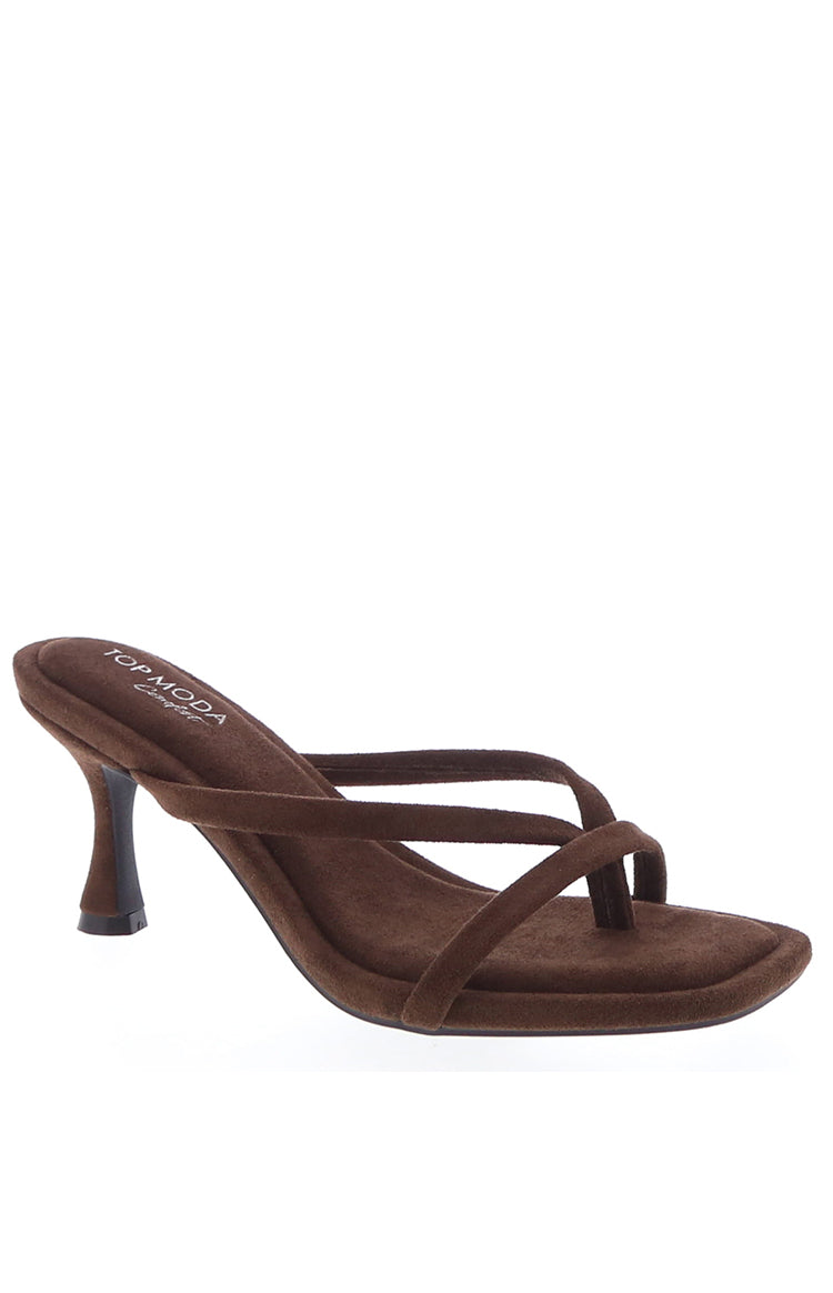 Side view of a brown suede kitten heel with thin criss-cross straps and a toe-post design
