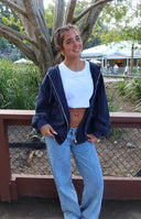 Beginning Boutique Tate Washed Navy Oversized Hooded Jacket washed navy oversized full zip hooded jacket with long sleeves