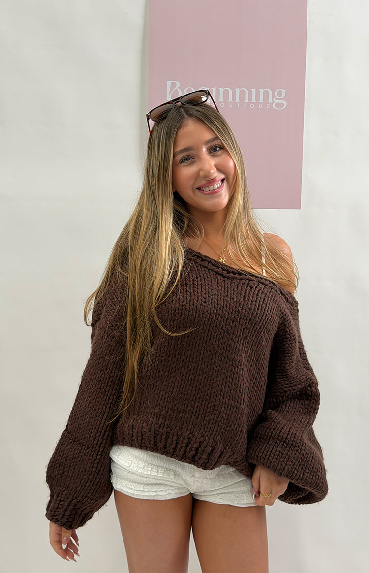 Beginning Boutique Holiday Chocolate Brown Tie Up Knit Cardigan chocolate brown chunky knit off-shoulder long sleeve relaxed