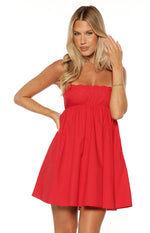 Red mini dress with a square scalloped embroidered neckline, thin straps, and gathered waist