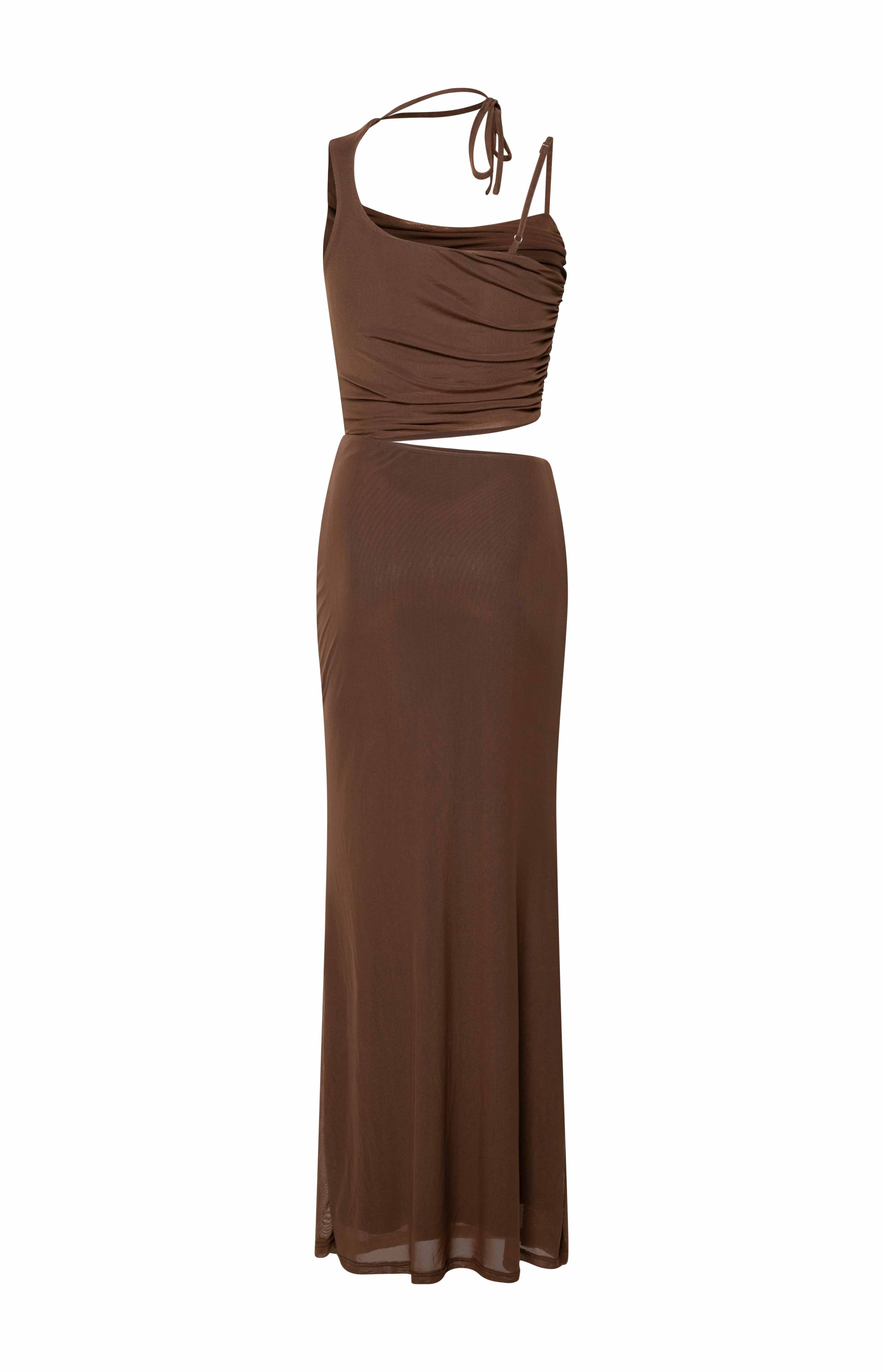 Graciela Brown Tie Neck Mesh Maxi Dress - US 12