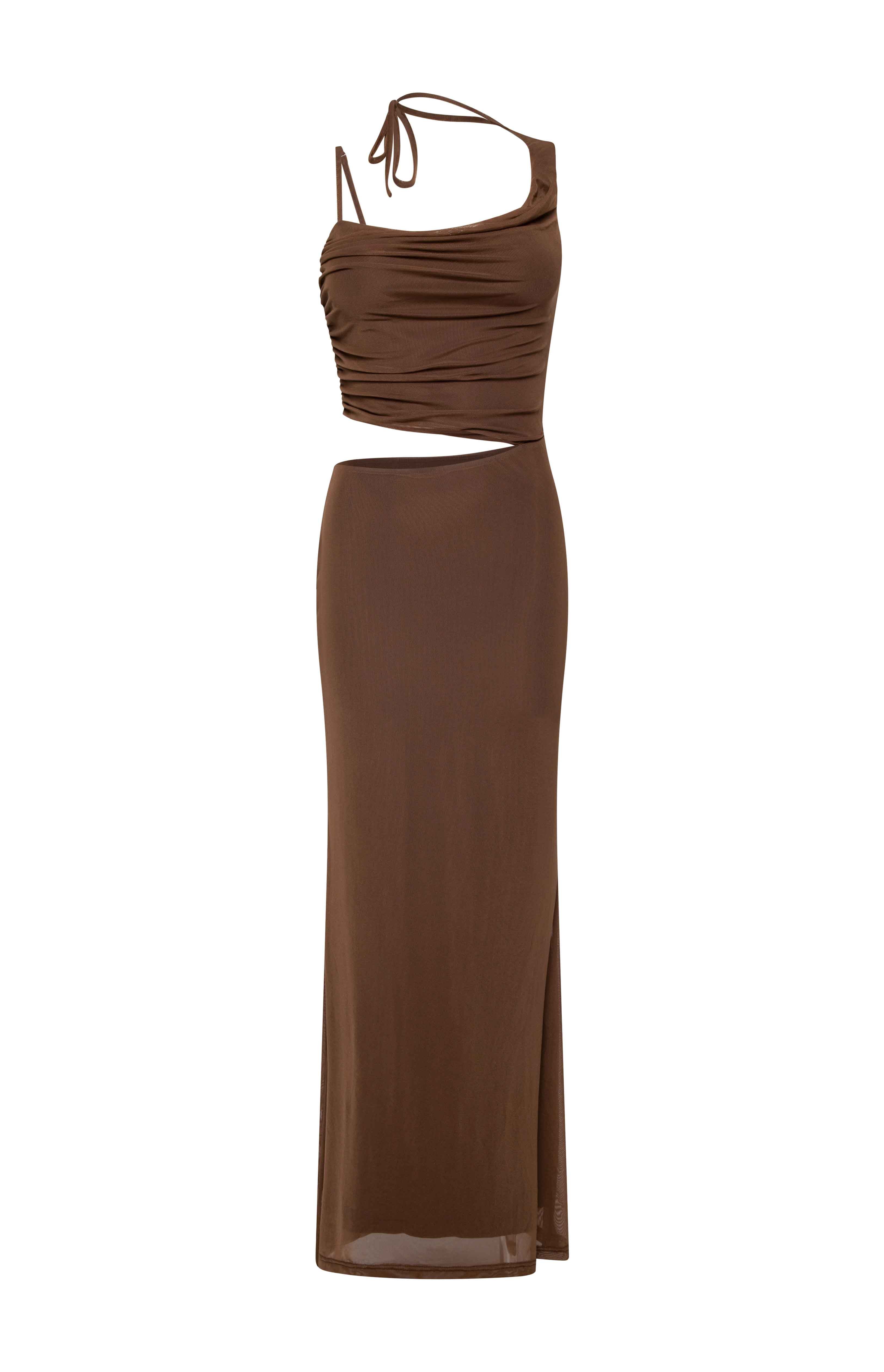 Graciela Brown Tie Neck Mesh Maxi Dress - US 12 | Beginning Boutique Exclusive