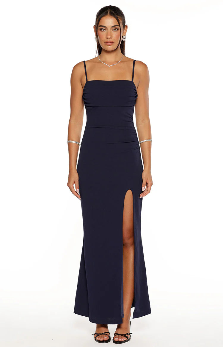 green emerald velvet dress Gracy Navy Crepe Formal Maxi Dress - US 2