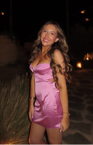 Beginning Boutique Trouble Pink Mini Dress pink satin bustier mini dress with lace trim and waist cutouts