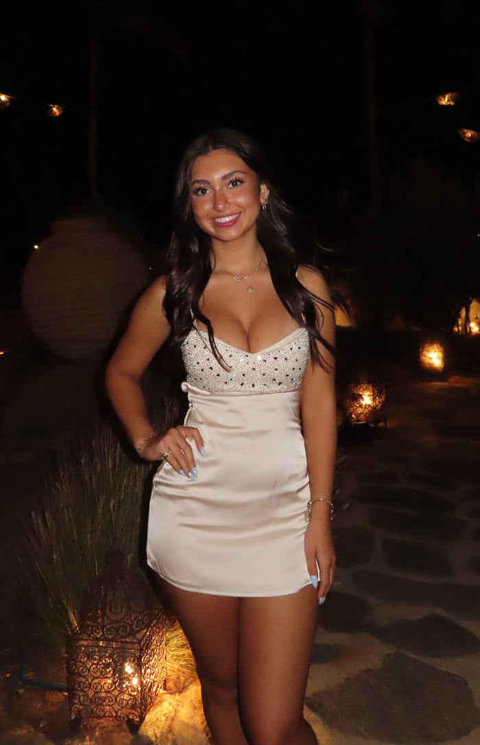 fran gold sequin contrast party mini dress Cream sizing-table-12