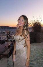 Gold sequin bodycon formal dress with sweetheart neckline and thin spaghetti straps