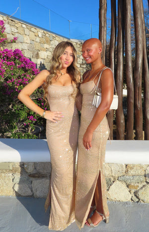 Beginning Boutique Manhattan Slip Formal Dress Gold gold maxi dress with glitter swirl pattern spaghetti straps and side spli