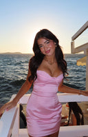 Beginning Boutique Trouble Light Pink Mini Dress light pink satin bodycon mini dress with sweetheart neckline and lace trim