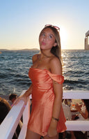 Beginning Boutique Zoella Orange Off The Shoulder Mini Dress orange satin off-shoulder mini dress with a draped bust