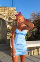Beginning Boutique Honey Light Blue Mini Dress light blue satin bodycon mini with ruched sweetheart neckline and spaghetti st