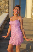 Beginning Boutique Penny Lane Pink Sequin Mini Dress pink sequin sweetheart mini dress with thin tie-shoulder straps and a ch