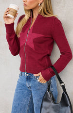 Groove Burgundy Star Zip Up Knit Sweater