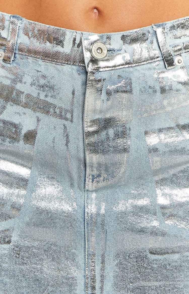 Groove Metallic Silver Denim Mini Skirt Image
